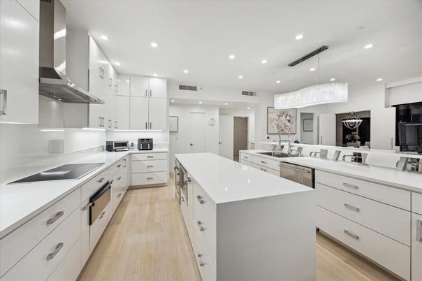 Chandelier, Interior, Kitchen, Pendant Lights, Recessed Lighting, Stainless Steel Appliances, Wood Texture Flooring