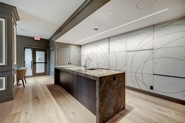 Interior, Kitchen, Marble Walls, Recessed Lighting, Wood Texture Flooring