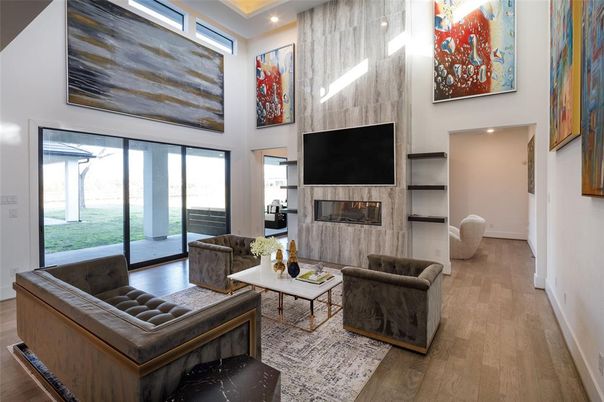 Fireplace, Interior, Living room, Recessed Lighting, Wood Texture Flooring