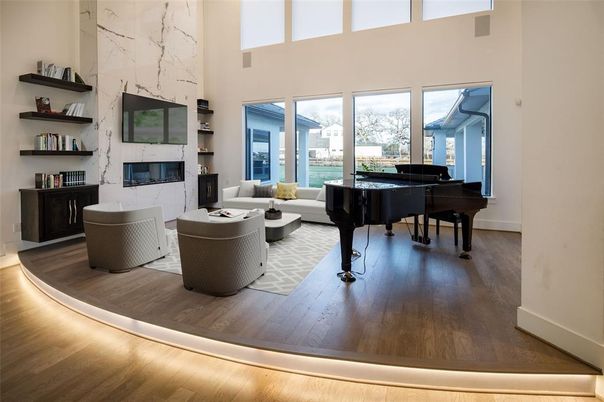 Fireplace, Interior, Living room, Piano, Wood Texture Flooring
