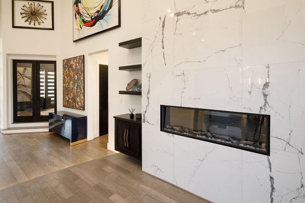 Fireplace, Interior, Marble Walls, Wood Texture Flooring
