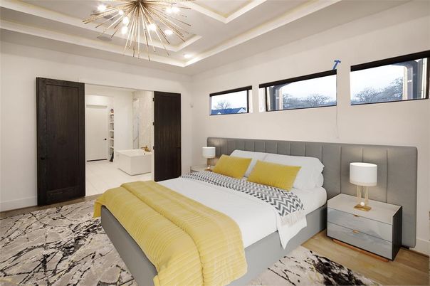 Bedroom, Interior, Pendant Lights, Wood Texture Flooring