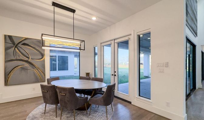 Dining room, Interior, Pendant Lights, Recessed Lighting, Wood Texture Flooring