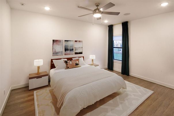 Bedroom, Interior, Recessed Lighting, Wood Texture Flooring