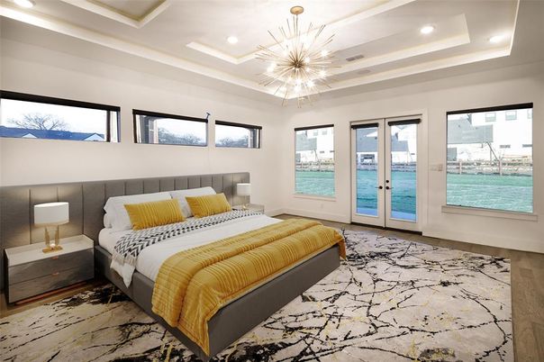Bedroom, Interior, Pendant Lights, Recessed Lighting, Water, Wood Texture Flooring