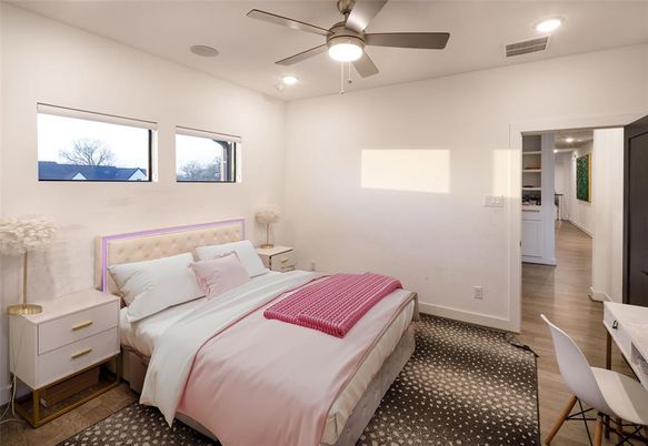 Bedroom, Interior, Recessed Lighting, Wood Texture Flooring