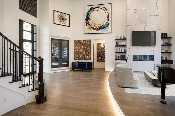Fireplace, Interior, Living room, Marble Walls, Wood Texture Flooring