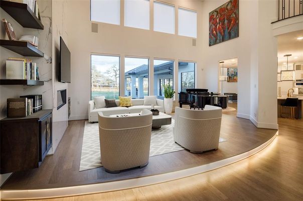 Fireplace, Interior, Living room, Pendant Lights, Piano, Wood Texture Flooring
