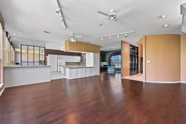 Empty room, Interior, Kitchen, Recessed Lighting, Wood Texture Flooring