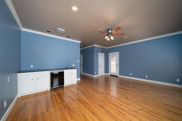 Empty room, Interior, Kitchen, Recessed Lighting, Wood Texture Flooring