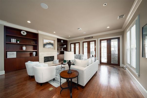 Fireplace, Interior, Living room, Recessed Lighting, Wood Texture Flooring