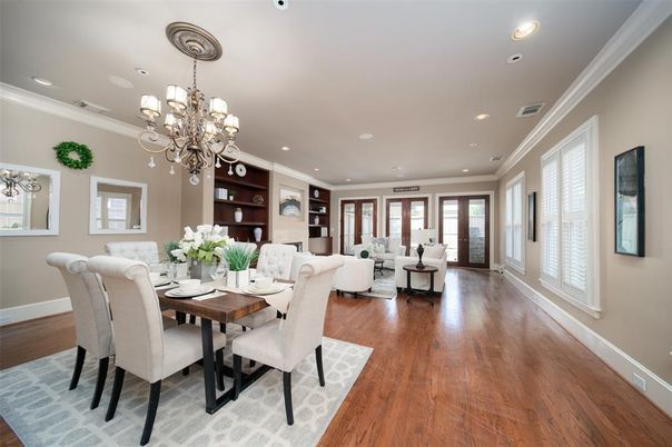 Chandelier, Dining room, Interior, Living room, Recessed Lighting, Wood Texture Flooring