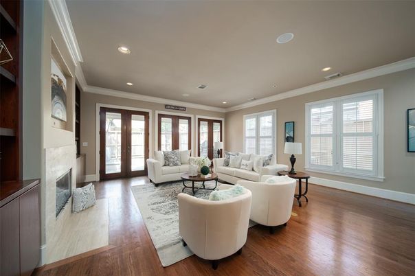 Fireplace, Interior, Living room, Recessed Lighting, Wood Texture Flooring