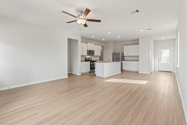 Empty room, Interior, Kitchen, Recessed Lighting, Wood Texture Flooring