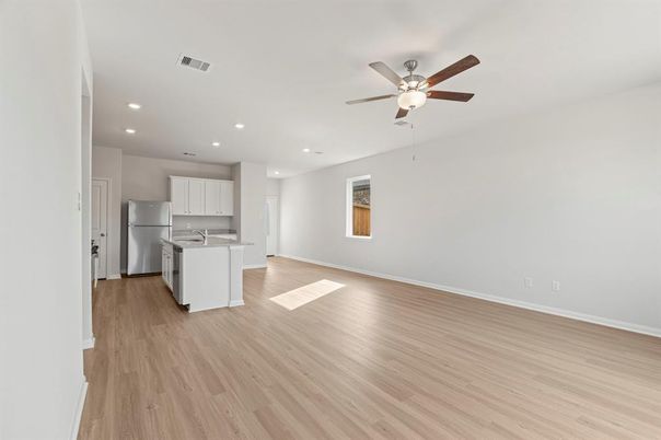 Empty room, Interior, Kitchen, Recessed Lighting, Wood Texture Flooring