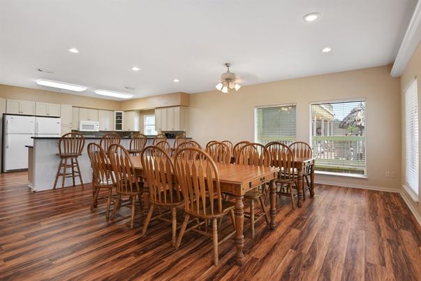 Dining room, Interior, Kitchen, Recessed Lighting, Wood Texture Flooring
