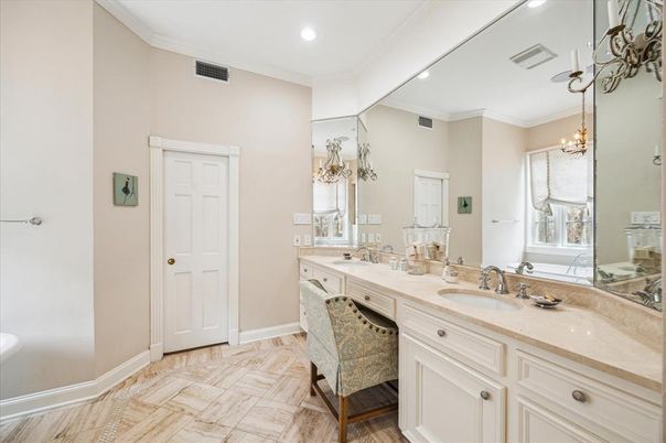 Bathroom, Chandelier, Dual Sink Vanities, Interior, Recessed Lighting