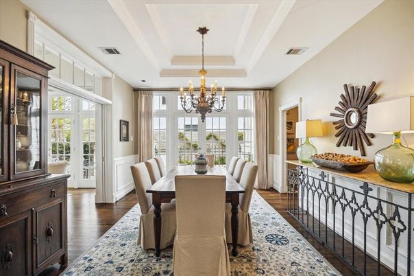 Chandelier, Dining room, Interior, Wood Texture Flooring