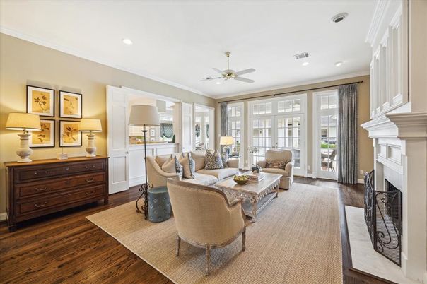 Fireplace, Interior, Living room, Recessed Lighting, Wood Texture Flooring
