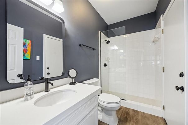 Bathroom, Glass Shower, Interior, Wood Texture Flooring