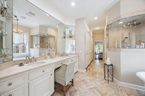 Bathroom, Chandelier, Dual Sink Vanities, Glass Shower, Interior, Recessed Lighting, Wood Texture Flooring