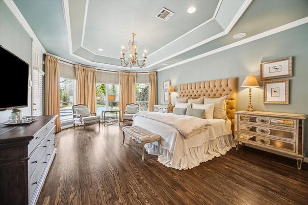Bedroom, Chandelier, Interior, Recessed Lighting, Wood Texture Flooring