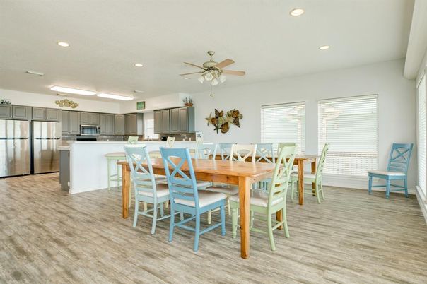 Dining room, Interior, Kitchen, Recessed Lighting, Stainless Steel Appliances, Wood Texture Flooring