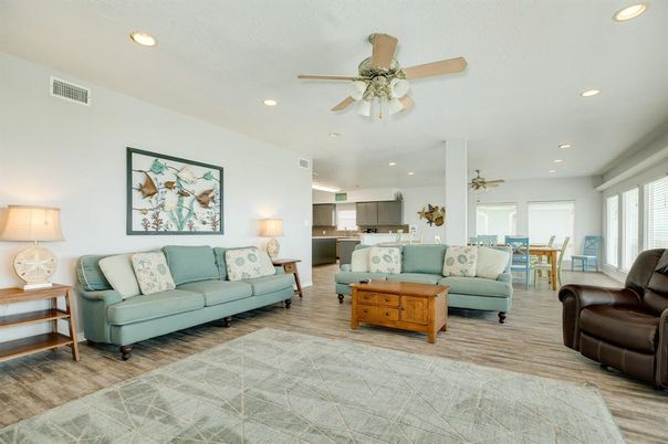 Dining room, Interior, Kitchen, Living room, Recessed Lighting, Stainless Steel Appliances, Wood Texture Flooring