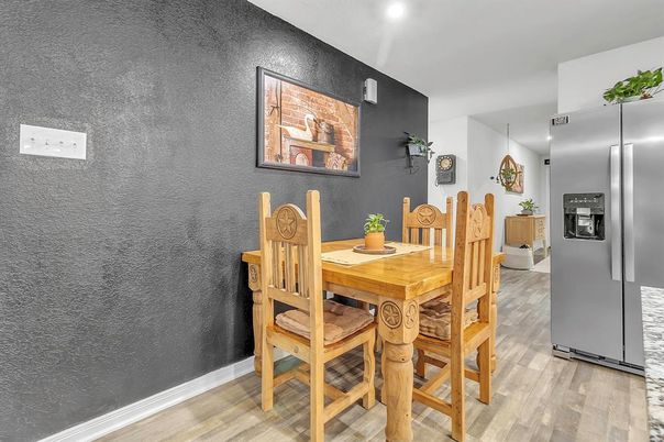Dining room, Interior, Kitchen, Recessed Lighting, Wood Texture Flooring