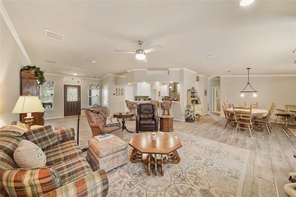 Dining room, Interior, Living room, Pendant Lights, Recessed Lighting, Wood Texture Flooring