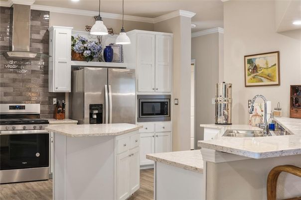 Interior, Kitchen, Pendant Lights, Recessed Lighting, Stainless Steel Appliances, Wood Texture Flooring