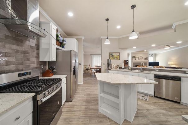 Interior, Kitchen, Pendant Lights, Recessed Lighting, Stainless Steel Appliances, Wood Texture Flooring