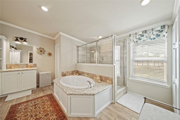 Bathroom, Glass Shower, Interior, Recessed Lighting, Wood Texture Flooring
