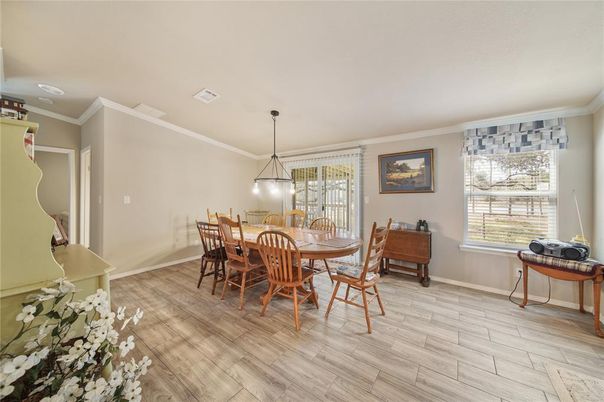 Dining room, Interior, Pendant Lights, Wood Texture Flooring