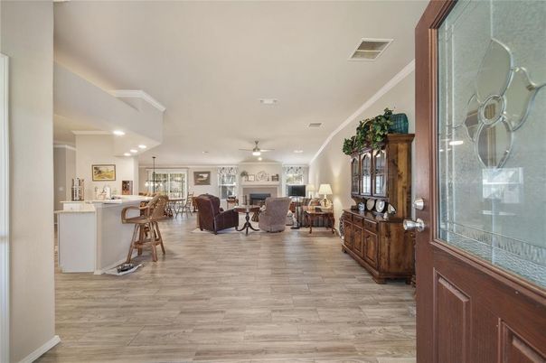 Fireplace, Interior, Kitchen, Living room, Pendant Lights, Recessed Lighting, Wood Texture Flooring