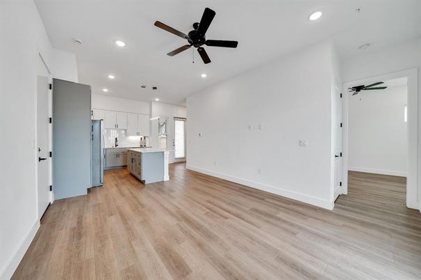 Empty room, Interior, Kitchen, Recessed Lighting, Wood Texture Flooring