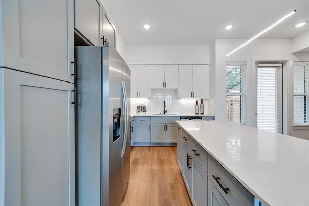 Interior, Kitchen, Recessed Lighting, Stainless Steel Appliances, Wood Texture Flooring