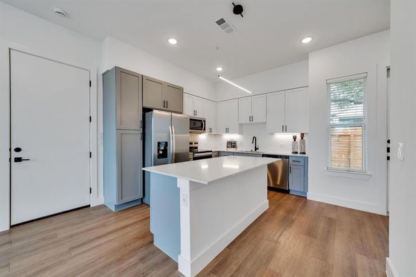 Interior, Kitchen, Recessed Lighting, Stainless Steel Appliances, Wood Texture Flooring