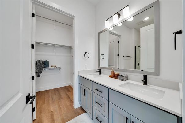 Bathroom, Dual Sink Vanities, Interior, Walk-in Closets, Wood Texture Flooring