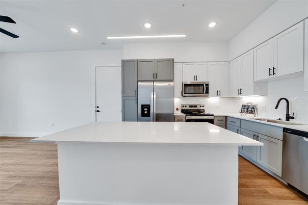 Interior, Kitchen, Recessed Lighting, Stainless Steel Appliances, Wood Texture Flooring