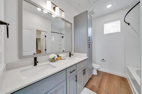 Bathroom, Dual Sink Vanities, Interior, Recessed Lighting, Wood Texture Flooring