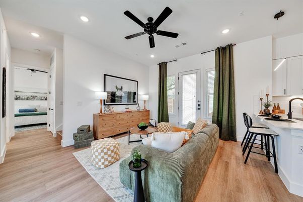 Bedroom, Interior, Kitchen, Living room, Recessed Lighting, Wood Texture Flooring