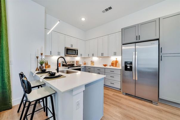 Interior, Kitchen, Recessed Lighting, Stainless Steel Appliances, Wood Texture Flooring