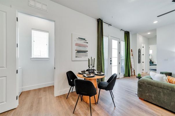 Dining room, Interior, Recessed Lighting, Wood Texture Flooring