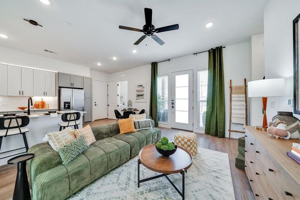 Interior, Kitchen, Living room, Recessed Lighting, Stainless Steel Appliances, Wood Texture Flooring