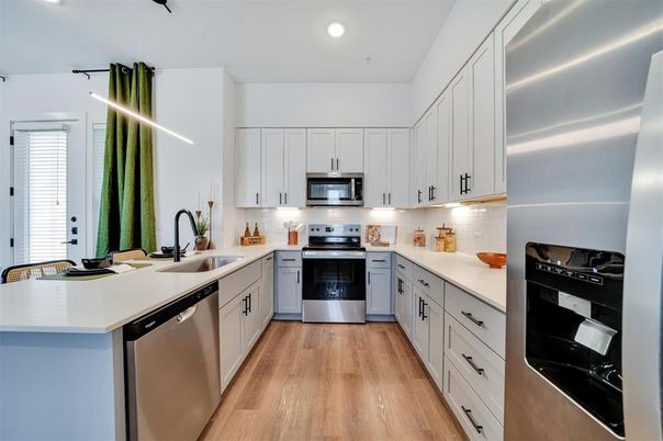 Interior, Kitchen, Recessed Lighting, Stainless Steel Appliances, Wood Texture Flooring