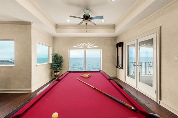 Billiard Table, Game Room, Interior, Recessed Lighting, Water, Wood Texture Flooring