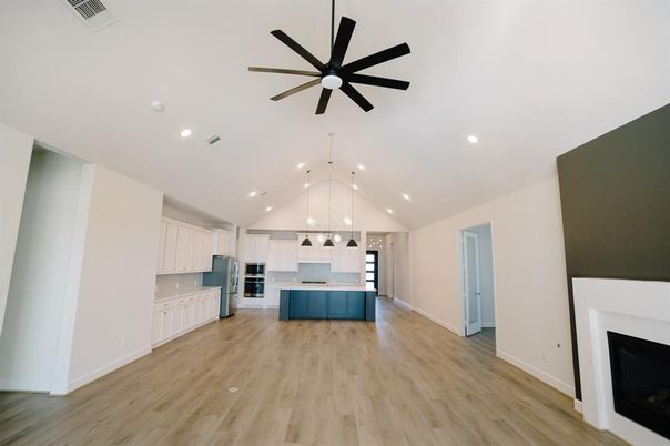Fireplace, Interior, Kitchen, Pendant Lights, Recessed Lighting, Wood Texture Flooring