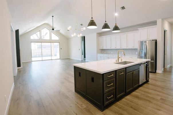 Interior, Kitchen, Pendant Lights, Stainless Steel Appliances, Wood Texture Flooring