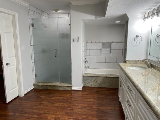 Bathroom, Glass Shower, Interior, Recessed Lighting, Wood Texture Flooring
